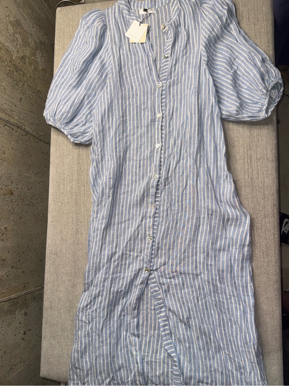 Lanhtropy Blue White Striped Puff Sleeve Button Front Midi Dress M NWT Flaw